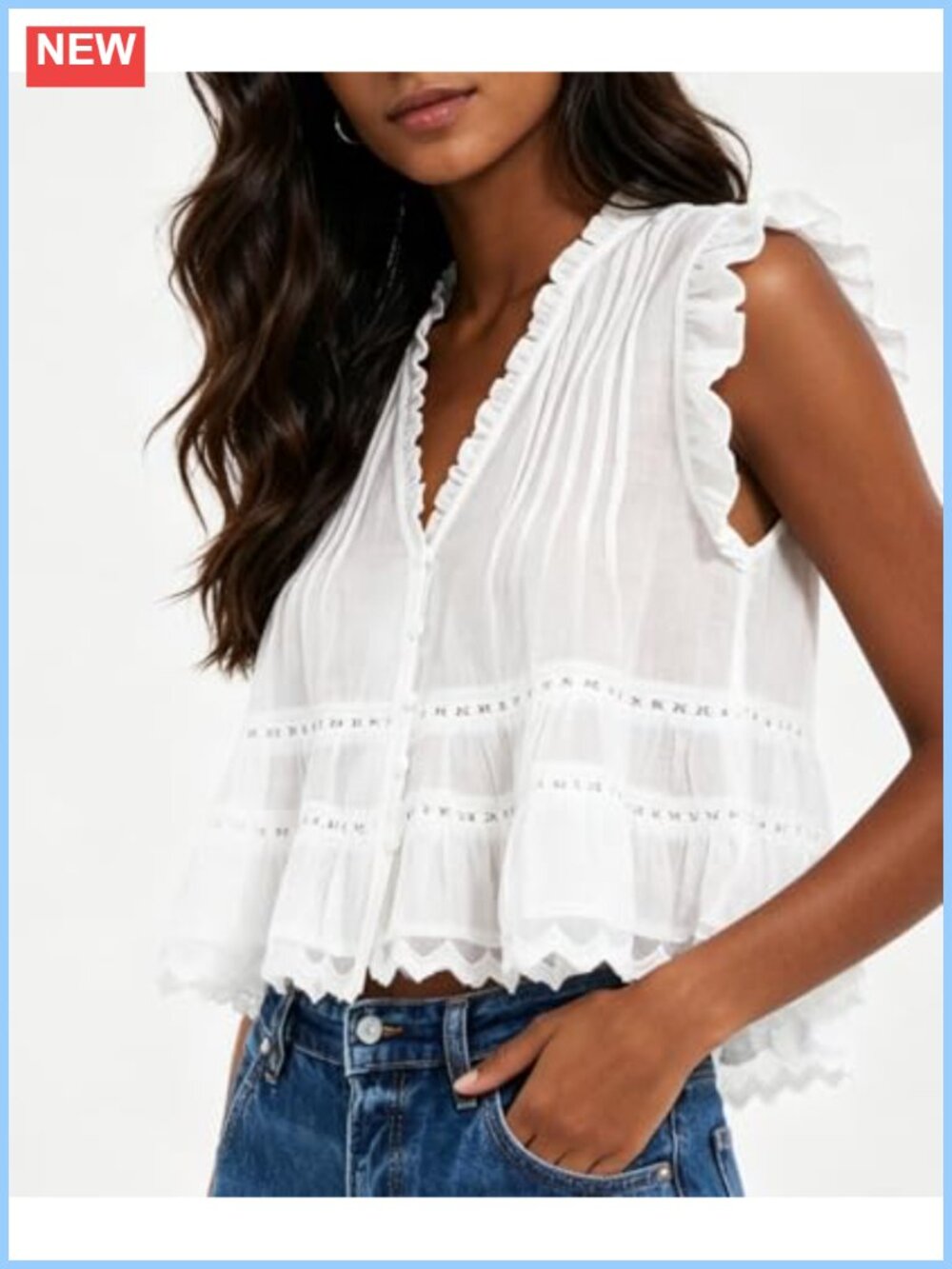 Semi Sheer Babydoll Tank Top, Ruffle V-Neck Boho Eyelet Peplum Blouse - Picture 2 of 5